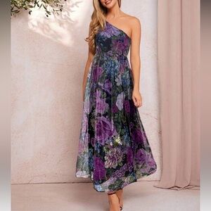 Floral One Shoulder Dress - Purple